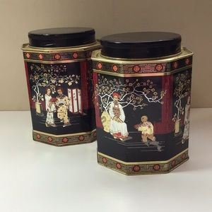 Vintage asian tea cannisters retro decor collectible black gold red authentic